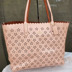 Coach City Tote F37650 Laser Cut Leather Pink Rose Glitter Carryall Handbag Lg